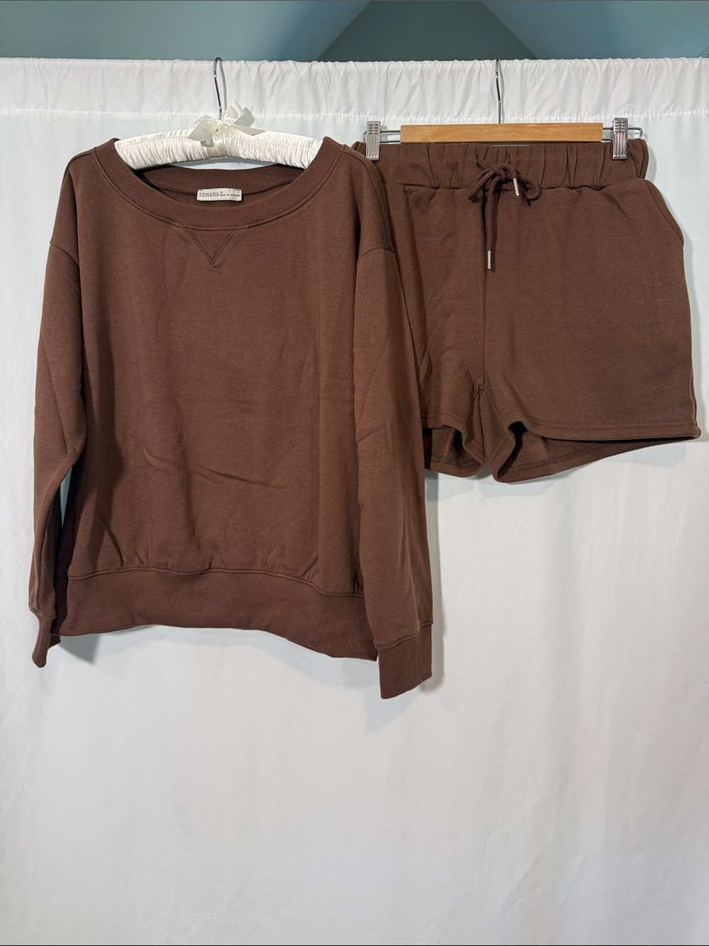 Zenana Brown Boatneck Sweatshirt & Drawstring Shorts Set